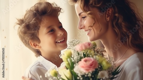 Son Gives Joyful Mother Flowers on Mother's Day