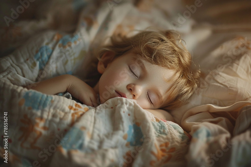 Cute little kid sleeping. Little boy sleeping in bed Cute little boy sleeping, tired child taking a nap in his small bed, clean, fresh and cozy bedding sheets, bedtime for kids 