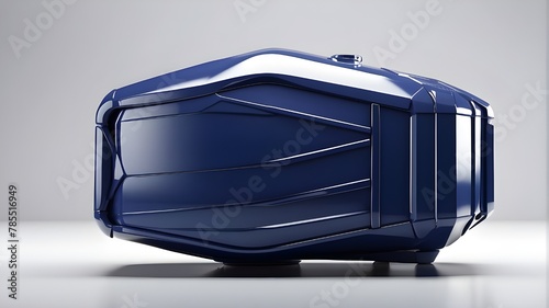A photorealistic image featuring a futuristic container with a glossy, dark blue finish and sharp angles. The container is depicted standing isolated against a plain white background, highlighting its photo