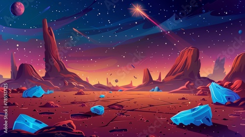 Cartoon illustration of alien planet with blue cristals and red rock, flying stone and cosmic dust, glowing star in sky with desert cracked ground surface. photo