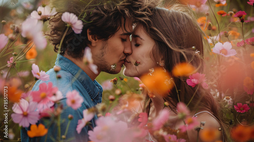 Young couple kissing in a flowers