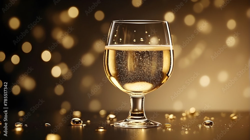 A photorealistic image of a glass of champagne, showcasing the sparkling bubbles and the golden hue of the liquid. The background is elegantly blurred to highlight the glass and its contents. Camera L