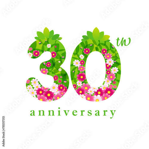 Happy 30th anniversary organic icon. Cute number 30 with clipping mask. Spring sale coupon, up to 30 percent off label concept. Festive decoration. Holiday design. 3 and 0 with sakura flowers. 