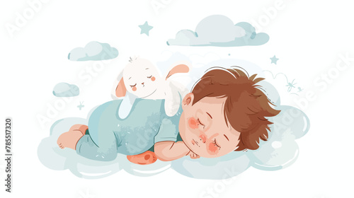 Baby boy sleeping with his rabbit toy. Flat style vector