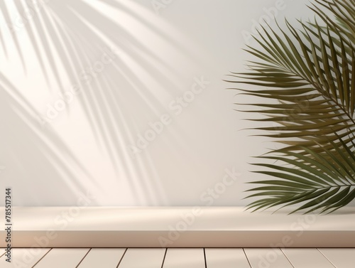 White background with palm leaf shadow and white wooden table for product display, summer concept. Vector illustration, isolated on pastel background