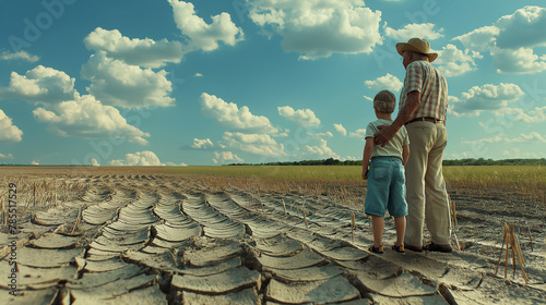 Granpa and his 6 years grandson are observing shocked the dry and drought-stricken field.