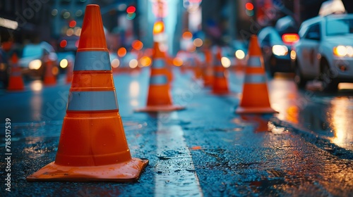 Bright orange safety cones arrayed on a city street with soft focus vehicles in distance photo