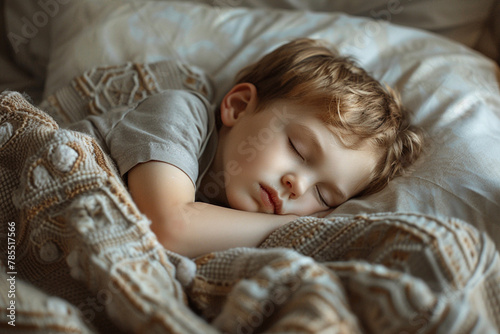Cute little kid sleeping. Little boy sleeping in bed Cute little boy sleeping, tired child taking a nap in his small bed, clean, fresh and cozy bedding sheets, bedtime for kids 