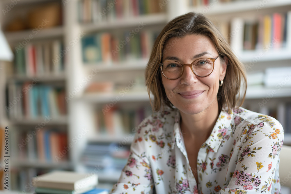 Close-up portrait smiling woman teacher with glasses