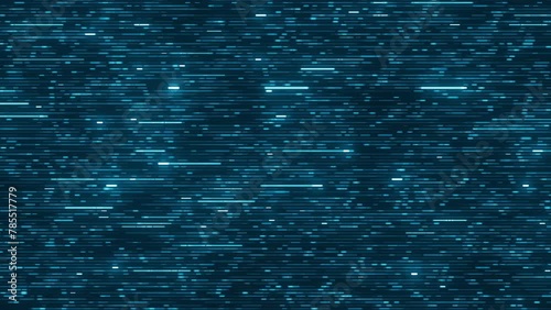 Digital pattern with neon blue running lines. Loopable hi tech abstract light blue technology background. Seamless reversible loop of program code moving in a cyberspace. AI, big data transfer, flow.