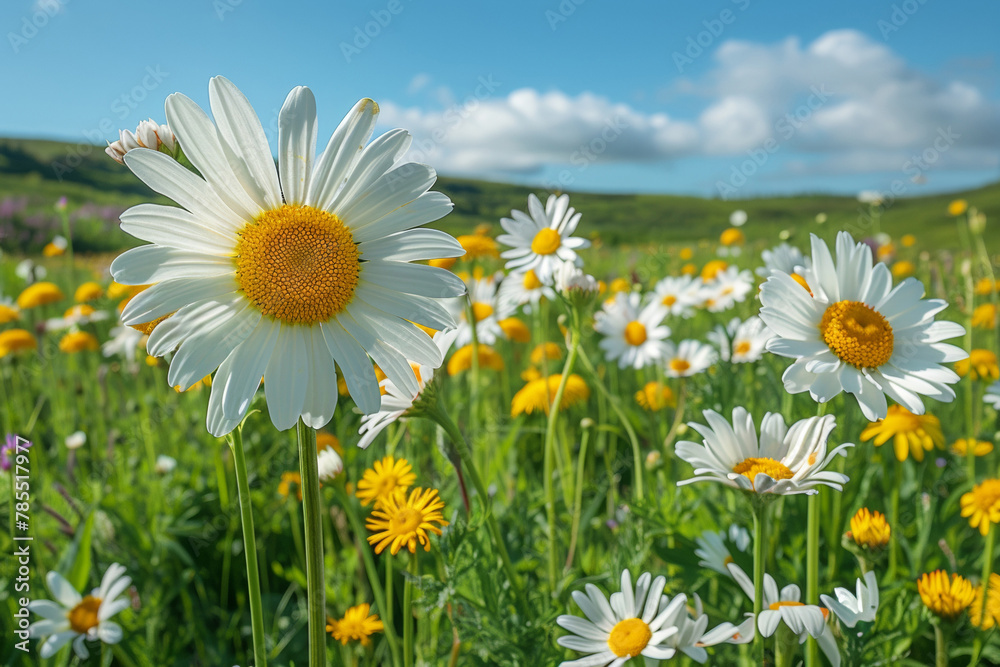 A picturesque summer meadow blooms with vibrant chamomile flowers under the bright sun and clear sky.