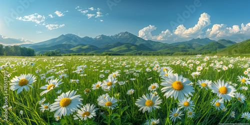 A breathtaking summer panorama: a vibrant meadow stretches beneath majestic mountains, adorned with colorful flowers.