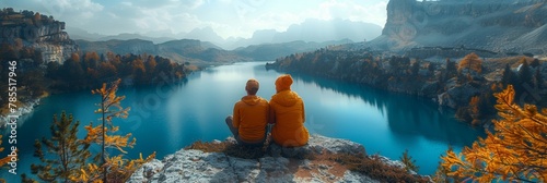 A journey of love and adventure: a young couple sits together, embracing the breathtaking mountain view. photo