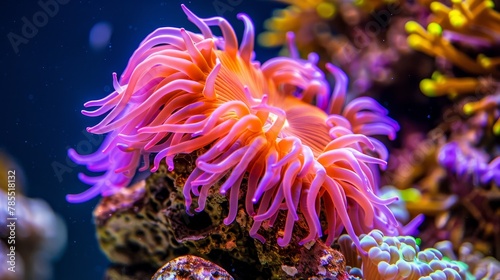 Colorful sea anemone surrounded by diverse marine life in a vibrant coral reef environment