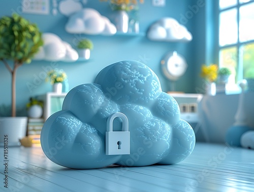3D cartoon cloud with a lock, representing secure cloud storage technology photo