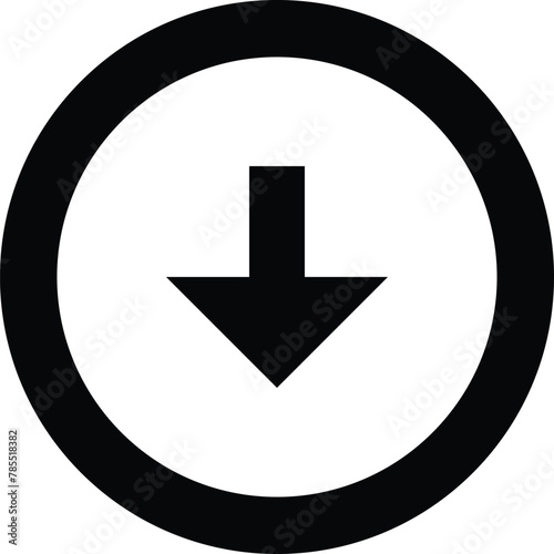 Play arrow down button icon. Video and music play icon. A triangle within a circle is a media player symbol. Video and audio multimedia reproduction. Isolated vector illustration on white background.