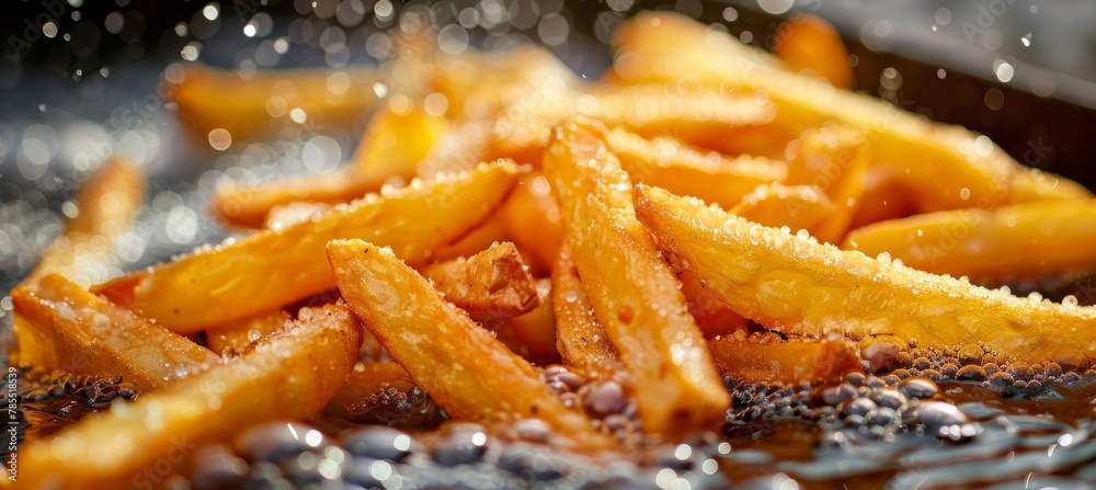 Crispy golden potato chips fried in bubbling oil, seasoned to perfection for a delightful snack Crispy golden potato chips fried in bubbling oil, seasoned to perfection for a delightful snack