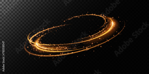 Sparks of dust and golden stars shine with special light. Trace of speed lines. Vector sparks on transparent dark background. Christmas light effect. Sparkling particles of magic dust. 