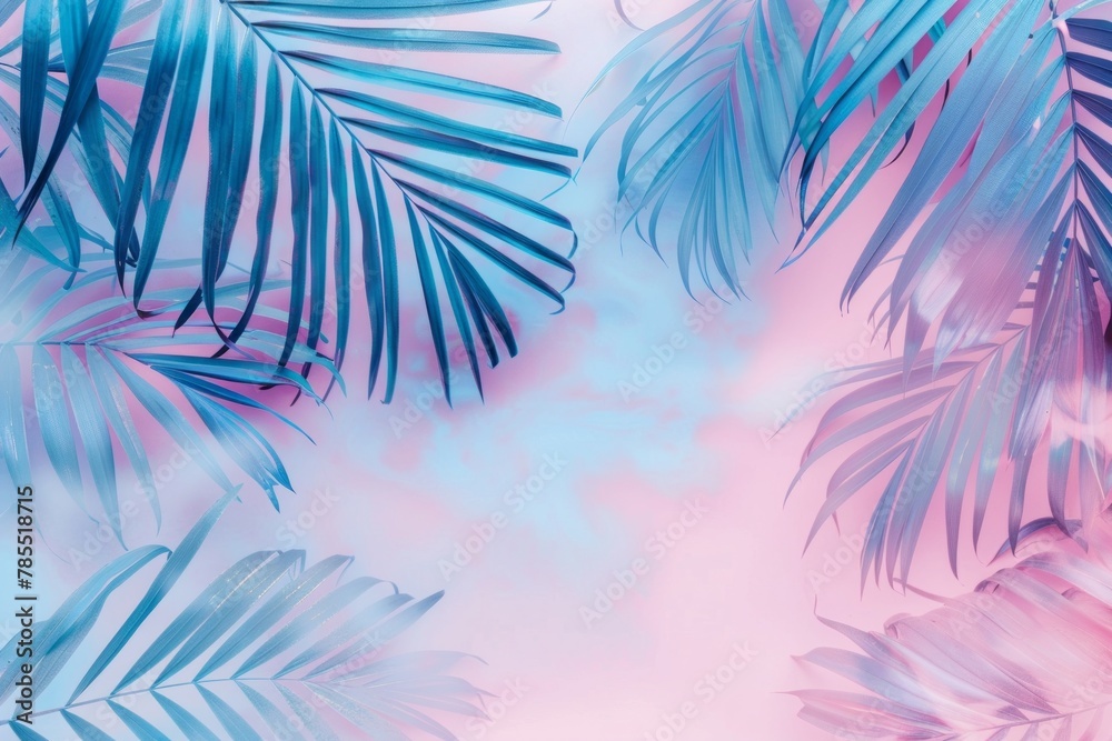 Palm leaf on a pink-blue background. Top view of the minimalistic concept of summer.