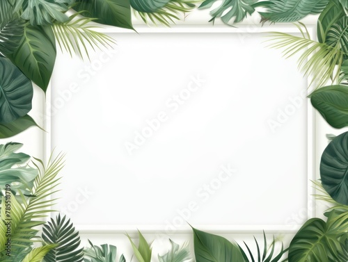 White frame background  tropical leaves and plants around the white rectangle in the middle of the photo with space for text