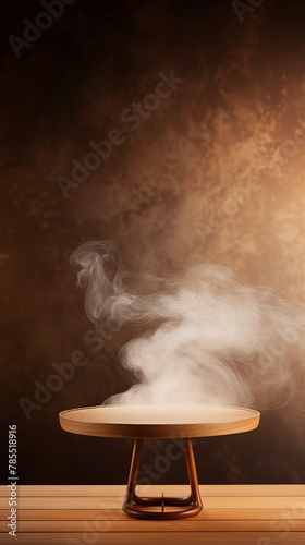 tan background with a wooden table and smoke. Space for product presentation, studio shot, photorealistic, high resolution image with soft lighting