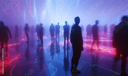 Abstract depiction of people immersed in an electrifying music environment with neon lights. Silhouettes in vibrant neon music event