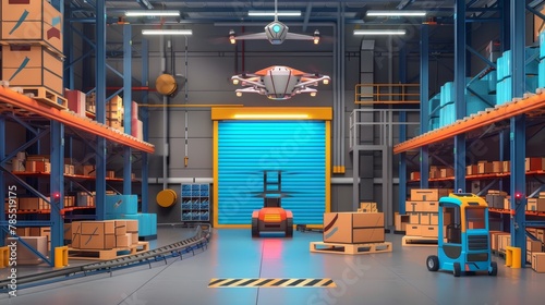 The interior of a warehouse is filled with robots, automated machines, a drone and a cyborg arm working in the warehouse to load boxes on pallets. Smart logistic equipment, cargo and postal service