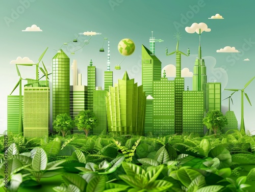 A futuristic green city with wind turbines and abundant foliage showcases an eco-friendly urban landscape where sustainability and nature coexist harmoniously.