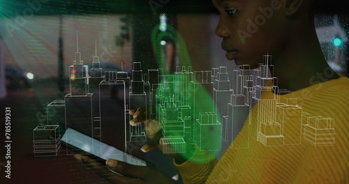 Image of tech icons and metaverse city over african american woman using smartphone