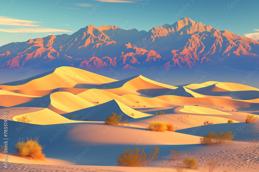 Majestic Sunrise Over Desert Sands, Golden Glow Landscape Scene


