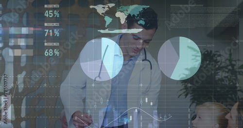 Image of financial graphs and data over caucasian male doctor talking with patients
