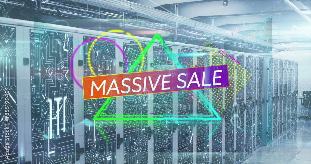 Obraz premium Image of massive sale text banner over abstract neon shapes against computer server room