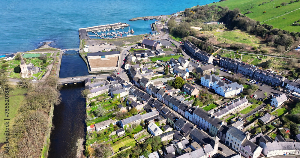 Aerial view of Residential housing in the Beautiful Village of Glenarm in County Antrim Northern Ireland