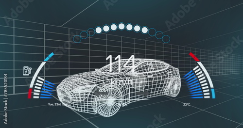 Image of speedometer over 3d model of a car moving against blue background