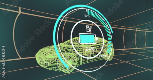 Image of data processing over digital car on black background photo
