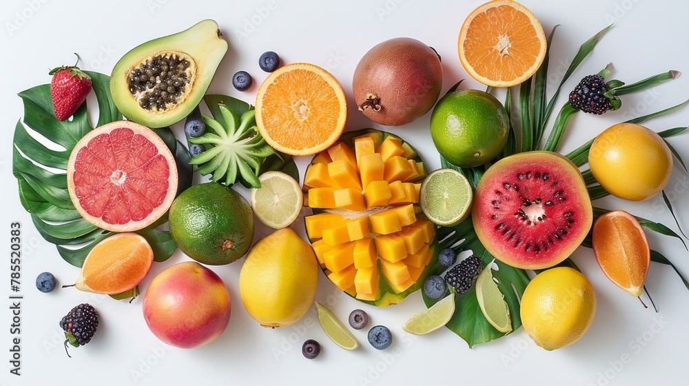 Vibrant tropical fruits arranged on a bright white backdrop