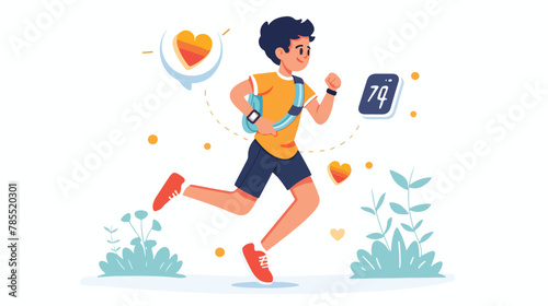 Boy kid jogging using fitness tracker. Athlete child