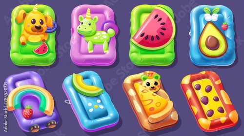 A modern set of inflatable mattresses and swimming rings with rubber unicorns  dogs  turtles  watermelon  popsicles  avocados and pizzas. Illustration of a cartoon unicorn.