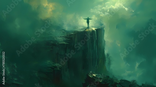 A solitary figure standing on a cliff edge, arms outstretched to the sky, conveying a sense of freedom and exhilaration