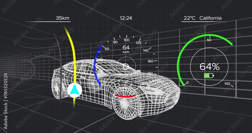 Fototapeta premium Image of data processing over digital car on black background