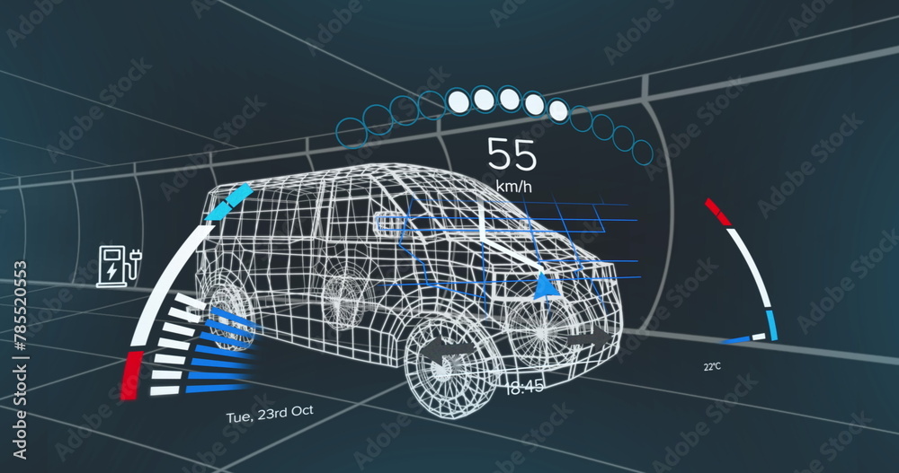 Fototapeta premium Image of speedometer over 3d model of a van moving against blue background