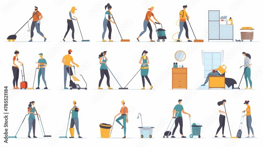 Cleaning home with flat characters. Illustration of happy men and women vacuuming, mopping the floor, dusting the furniture and wiping the mirror. Household activities. Cleaning home with flat characters. Illustration of happy men and women vacuuming, mopping the floor, dusting the furniture and wiping the mirror. Household activities.