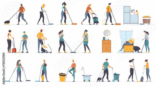 Cleaning home with flat characters. Illustration of happy men and women vacuuming, mopping the floor, dusting the furniture and wiping the mirror. Household activities.