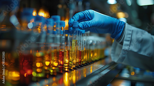 A gloved hand with a test tube is a close view. a row of test tubes with orange and red liquid focus in the middle. Laboratory work with liquids, creation of medicines, vaccines