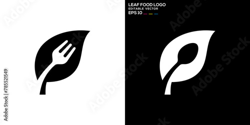 Vector design template of spoon and fork combination with leaf logo, restaurant, equipment, cutlery, vegetables, diet, symbol icon EPS 10