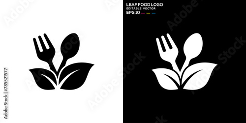 Vector design template of spoon and fork combination with leaf logo, restaurant, equipment, cutlery, vegetables, diet, symbol icon EPS 10