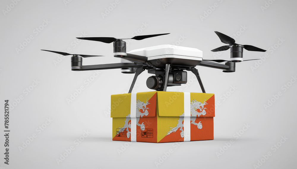 A drone carrying a box with the Bhutan flag, symbolizing the future of e-commerce and logistics