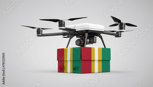 A drone carrying a box with the Guinea flag, symbolizing the future of e-commerce and logistics