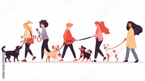 Dog trainers hugging puppies, playing with them, teaching them obedience. Modern illustration on white background with dogs walking on leashes, playing with balls, sticks.