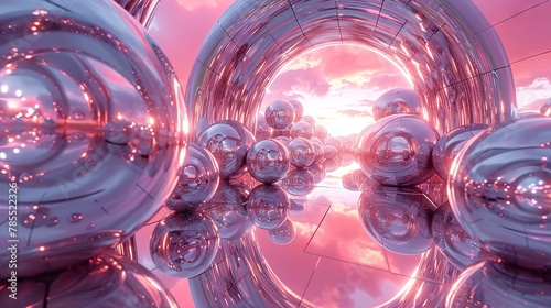 Spheres in a chrome maze with soft pink lighting